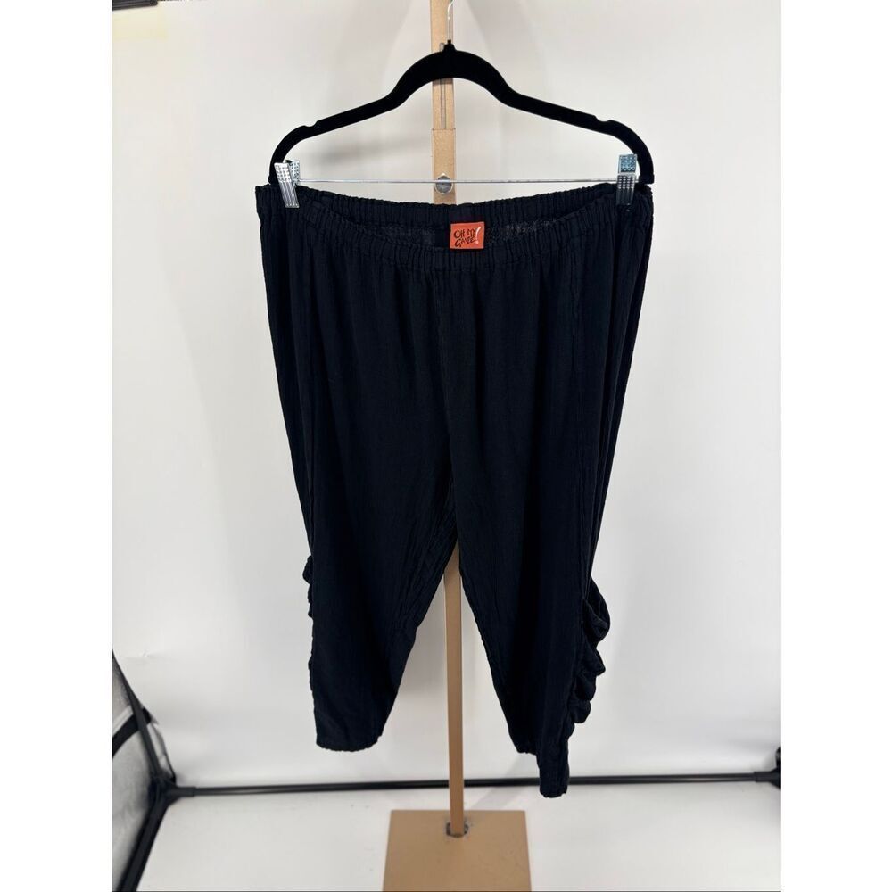 Oh My Gauze Cotton Cropped Pants Size 2 Black Ruched  Pocket Leg Elastic Waist